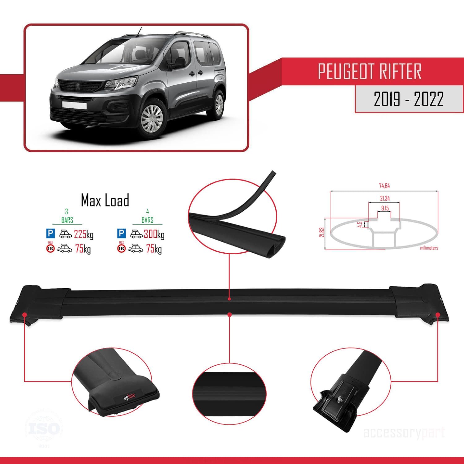 Peugeot Rifter 2019-2022 Arası ile uyumlu FLY Model Ara Atkı Tavan Barı SİYAH 4 ADET BAR