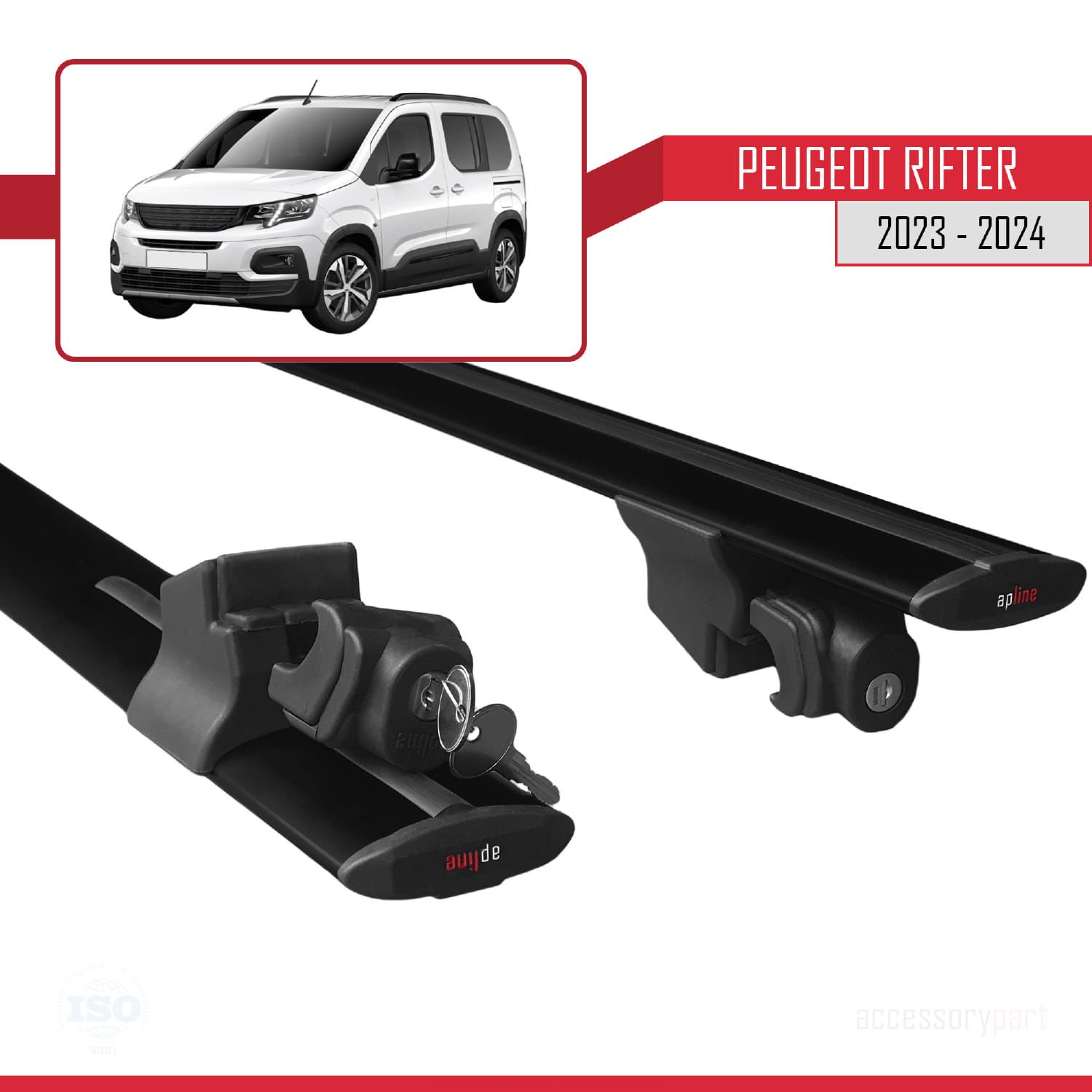 Peugeot Rifter 2023 ve Sonrası ile uyumlu HOOK Model Anahtar Kilitli Ara Atkı Tavan Barı SİYAH
