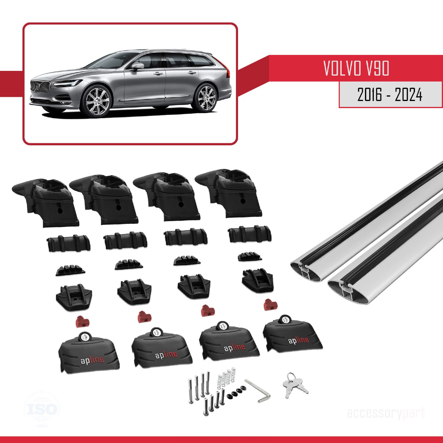 Volvo V90 (EU) 2016 ve Sonrası ile uyumlu ACE-2 Ara Atkı Tavan Barı GRİ