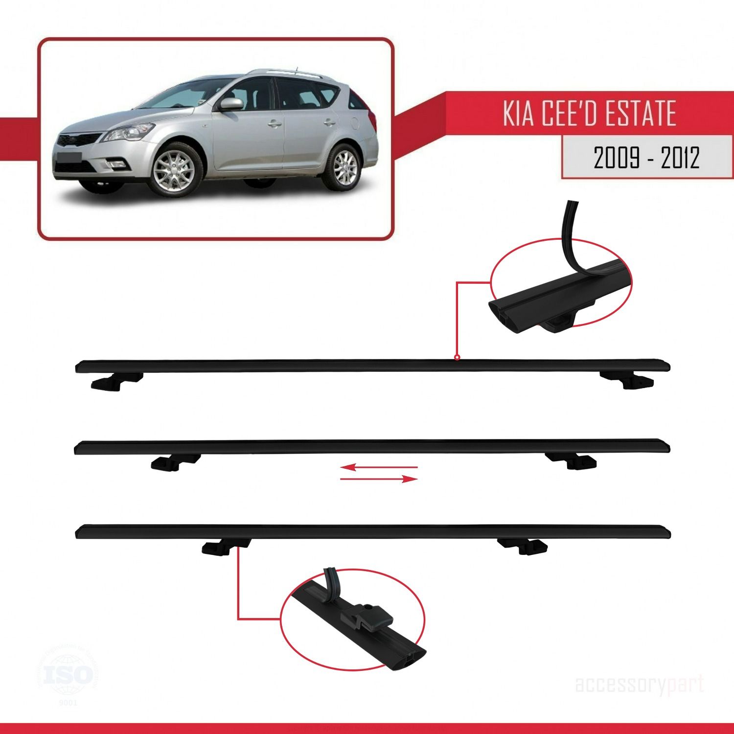 Kia Ceed SPORTSWAGON 2009-2012 Arası ile uyumlu Basic Model Ara Atkı Tavan Barı SİYAH 3 ADET