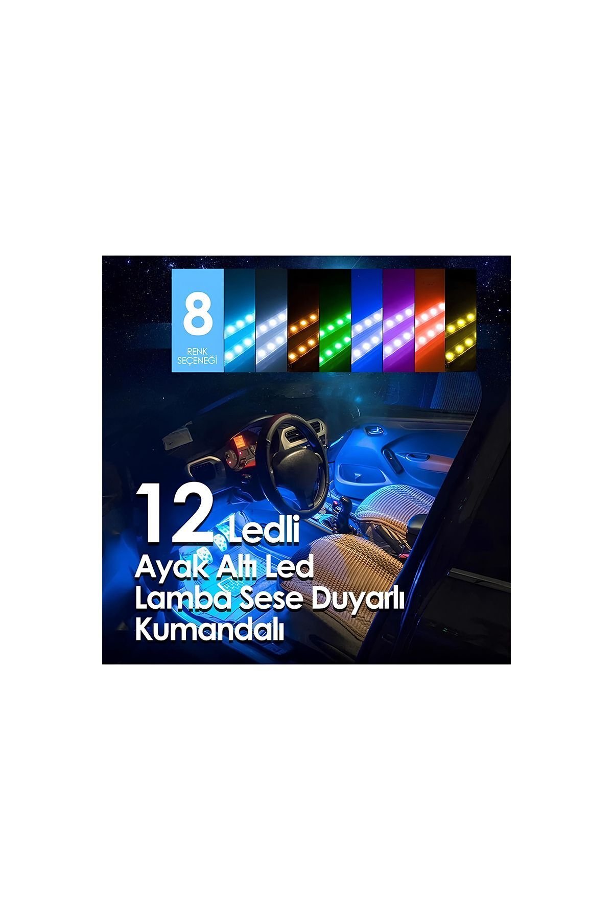 Araç İçi Ayak Altı Müziğe ve Sese Duyarlı 12 Ledli Rgb Renkli Kumandalı Led