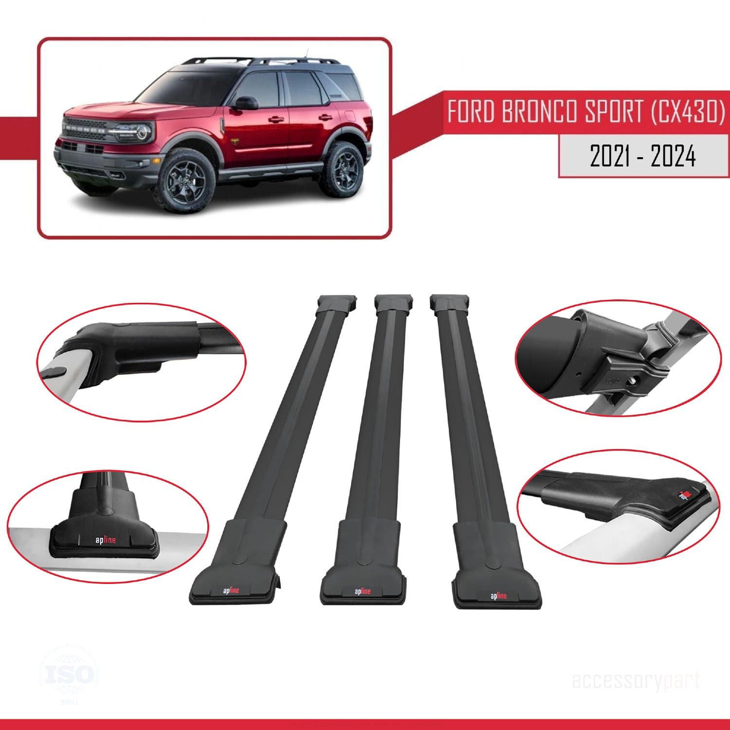 Ford Bronco Sport (CX430) 2021 ve Sonrası ile Uyumlu FLY Model Ara Atkı Tavan Barı SİYAH 3 ADET BAR