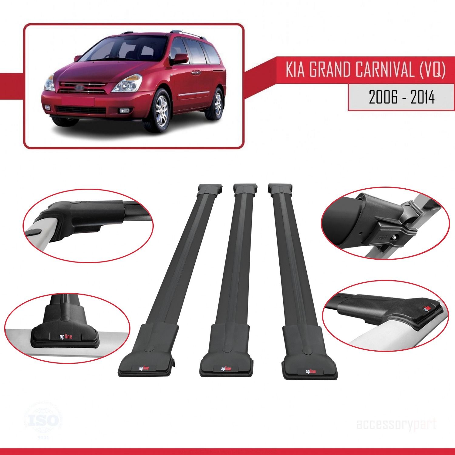 Kia Grand Carnival (VQ) 2006-2014 Arası ile Uyumlu FLY Model Ara Atkı Tavan Barı SİYAH 3 ADET BAR