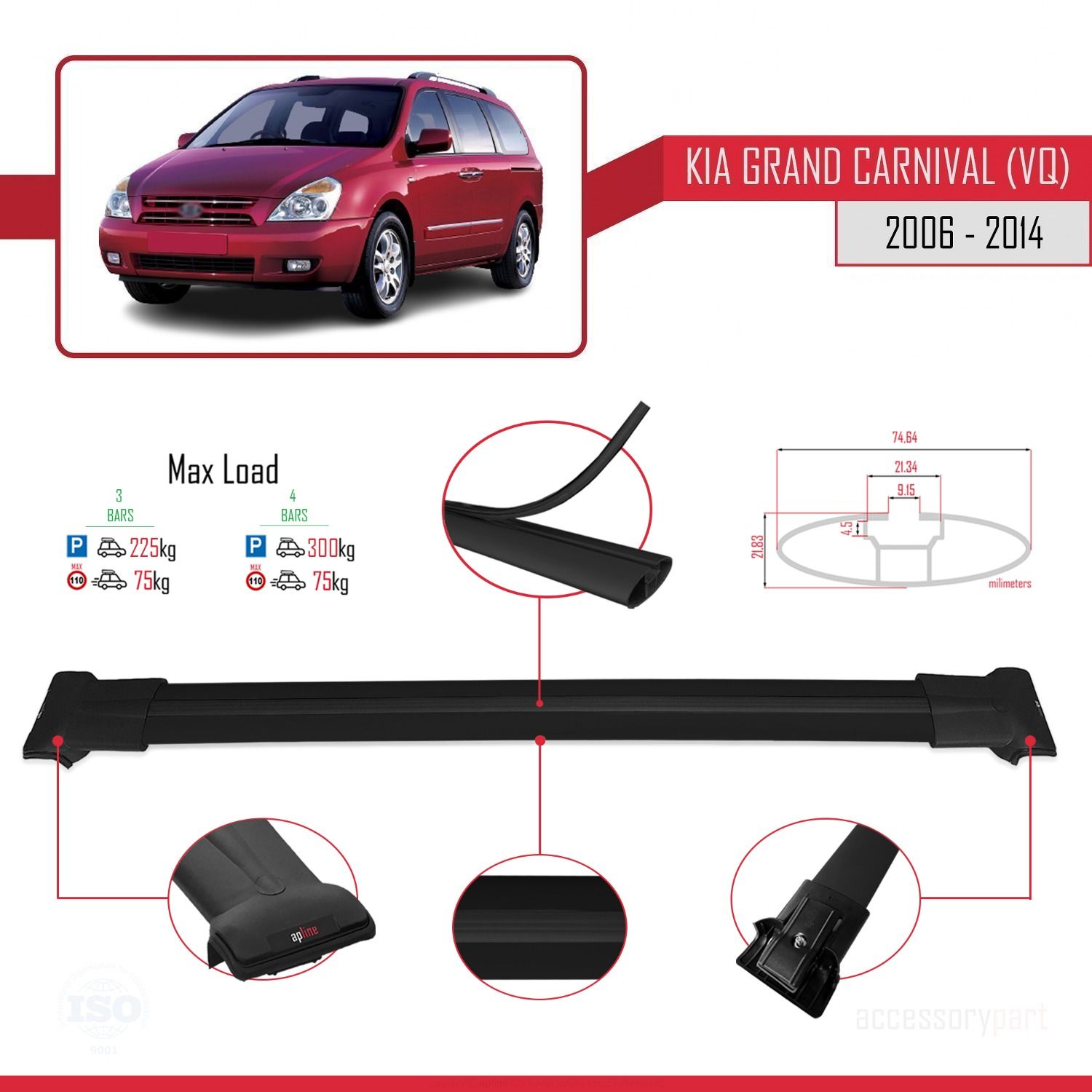 Kia Grand Carnival (VQ) 2006-2014 Arası ile Uyumlu FLY Model Ara Atkı Tavan Barı SİYAH 3 ADET BAR