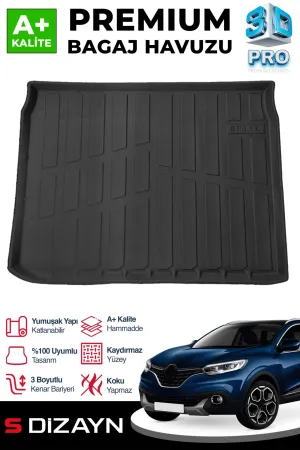 s-dizayn uyumlu Renault Kadjar 3D Pro Bagaj Havuzu 2015 Üzeri A+ Kalite modelleri DRS Tuning'de. Kaliteli malzeme, hızlı kargo ve güvenli alışverişle hemen