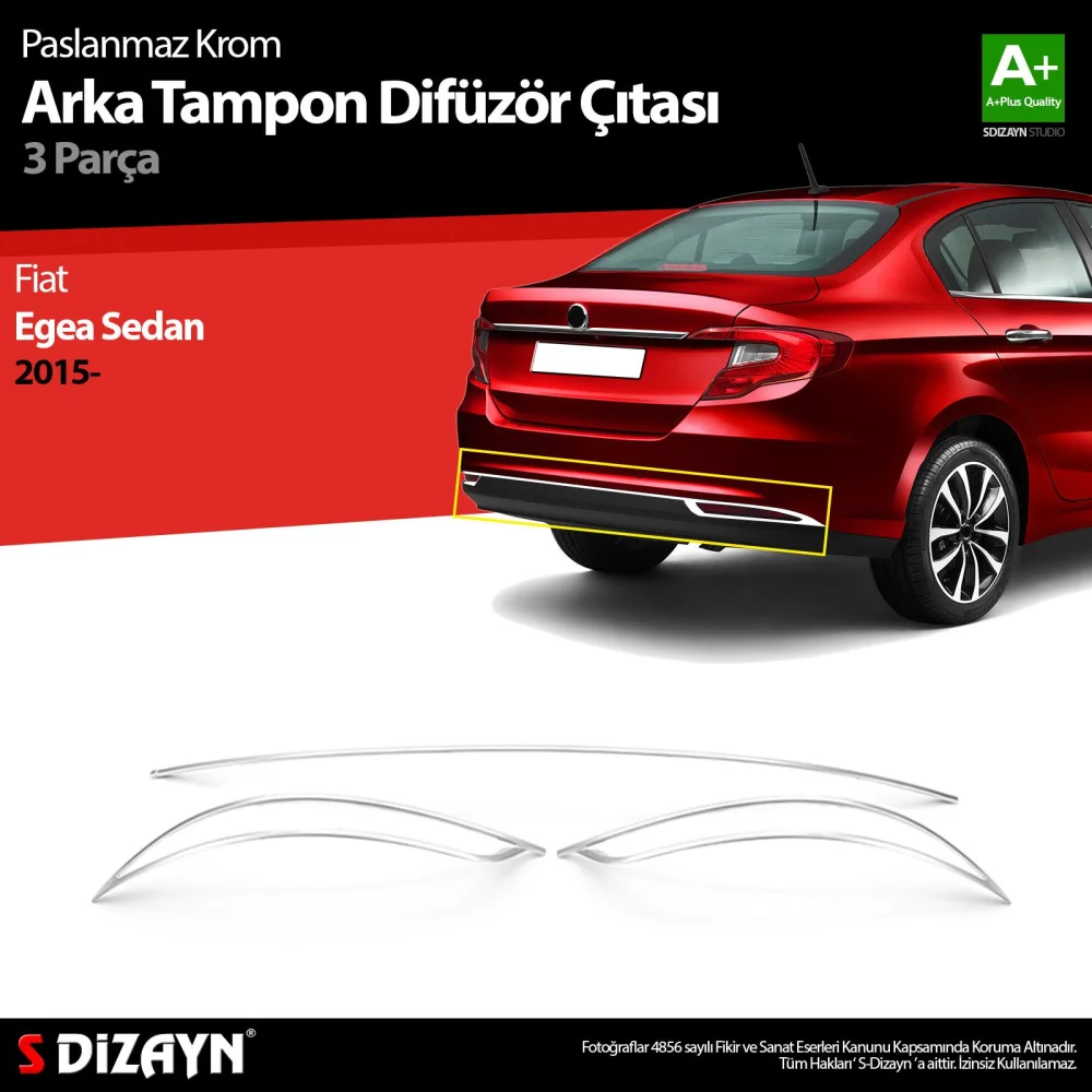 Fiat Egea Sedan Krom Arka Tampon Difüzör Çıtası 3 Prç. 2015 Üzeri