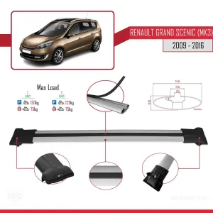 Renault Grand Scenic (Mk3) 2009-2016 Arası ile Uyumlu FLY Model Ara Atkı Tavan Barı GRİ thumb 4