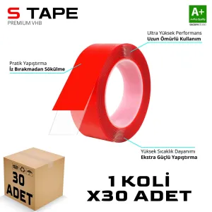 S-Dizayn Çift Taraflı Bant 20mm x 5 Metre Şeffaf Silikon VHB Bant 30'lu Koli A+Kalite						                VHB &Ccedil;ift Taraflı Şeffaf Bant
&bull; &Ccedil;if