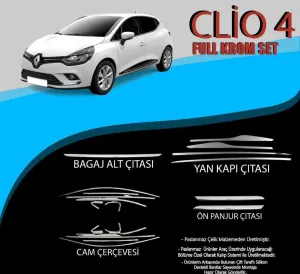 Renault Clio Uyumlu 4 Krom Set (Cam Çerçeve.-Yan Kapı Çıt.-Ön Panjur Çıt.- Bagaj Alt Çıta.) Parça Clio 4 (2012-2019)DRS Tuning kalitesiyle tanışın! Özel olarak 
