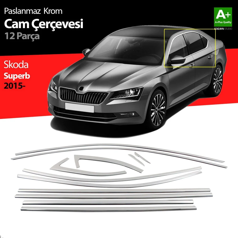 Skoda Superb Uyumlu Krom Cam Çerçeve Seti 12 Parça 2015 Üzeri