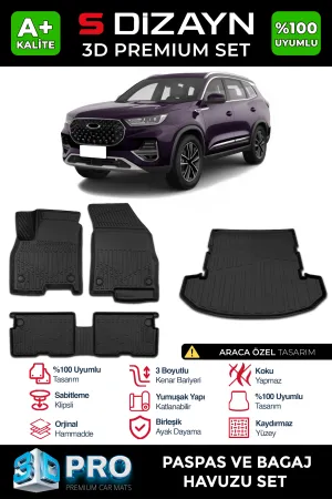 Chery Tiggo 8 - 8 Pro uyumlu Tiggo 8 Pro 3D Pro Havuzlu Paspas ve Bagaj Havuzu (2'li SET) 2022-2025 A+ Kalite modelleri Oto Aksesuar Shop'de. Kaliteli malzeme,