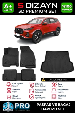 Chery Tiggo 7 uyumlu Pro 3D Pro Havuzlu Paspas ve Bagaj Havuzu (2'li SET) 2022-2025 A+ Kalite modelleri Oto Aksesuar Shop'de. Kaliteli malzeme, hızlı kargo ve