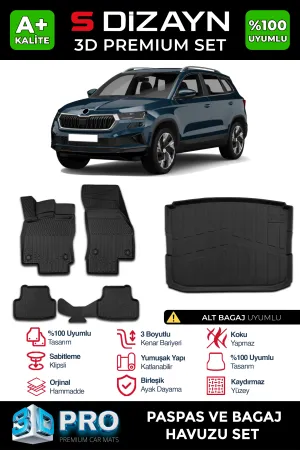 Skoda Karoq 2017-Günümüz (NU) uyumlu 3D Pro Havuzlu Paspas ve Alt Bagaj Havuzu (2'li SET) 2018 Üzeri A+ Kalite modelleri DRS Tuning'de. Kaliteli malzeme, hızlı