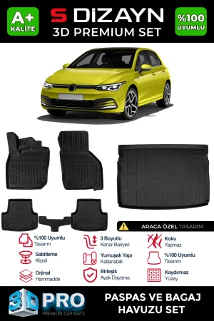 Volkswagen Golf 2019-Günümüz (Mk8) uyumlu VW 8 Manuel 3D Pro Havuzlu Paspas ve Üst Bagaj Havuzu (2'li SET) 2020-2024 A+ Kalite modelleri DRS Tuning'de.
