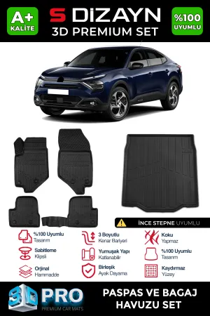 Citroen C4 / C4X 2022-Günümüz uyumlu C4X 3D Pro Havuzlu Paspas ve Bagaj Havuzu (2'li SET) İnce Stepne 2023 Üzeri A+ Kalite modelleri DRS Tuning'de. Kaliteli