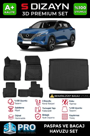 Nissan Qashqai 2021-Günümüz (J12) uyumlu 1.3 3D Pro Havuzlu Paspas ve Bagaj Havuzu (2'li SET) 2021 Üzeri A+ Kalite modelleri DRS Tuning'de. Kaliteli malzeme,