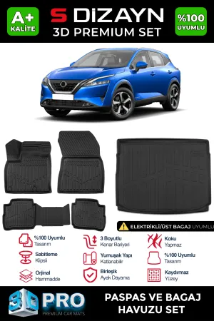 Nissan Qashqai 2021-Günümüz (J12) uyumlu E-Power 3D Pro Havuzlu Paspas ve Üst Bagaj Havuzu (2'li SET) 2021-2024 A+ Kalite modelleri DRS Tuning'de. Kaliteli
