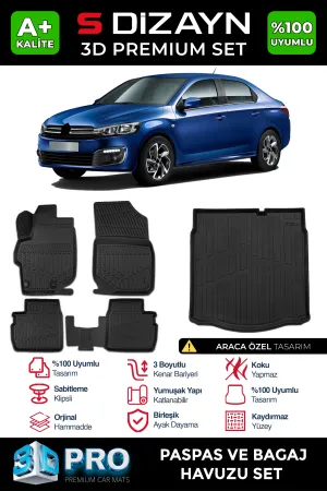 Peugeot uyumlu Citroen C-Elysee 3D Pro Havuzlu Paspas ve Bagaj Havuzu (2'li SET) 2012-2017 A+ Kalite modelleri DRS Tuning'de. Kaliteli malzeme, hızlı kargo ve