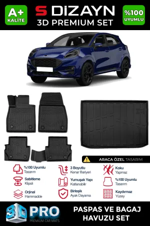 Ford Puma 2019-Günümüz (CX482) uyumlu 3D Pro Havuzlu Paspas ve Bagaj Havuzu (2'li SET) 2019 Üzeri A+ Kalite modelleri DRS Tuning'de. Kaliteli malzeme, hızlı