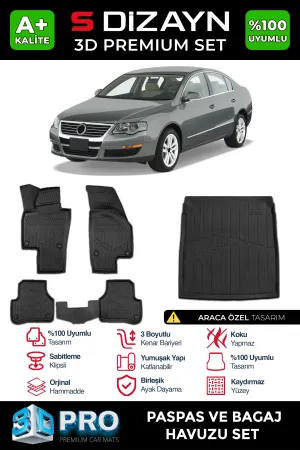 Volkswagen Passat 2005-2010 (B6) uyumlu VW B6 3D Pro Havuzlu Paspas ve Bagaj Havuzu (2'li SET) 2005-2010 A+ Kalite modelleri DRS Tuning'de. Kaliteli malzeme,