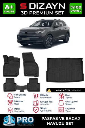 Volkswagen Tiguan 2024-Günümüz uyumlu VW 3D Pro Havuzlu Paspas ve Bagaj Havuzu (2'li SET) 2024 Üzeri A+ Kalite modelleri DRS Tuning'de. Kaliteli malzeme, hızlı