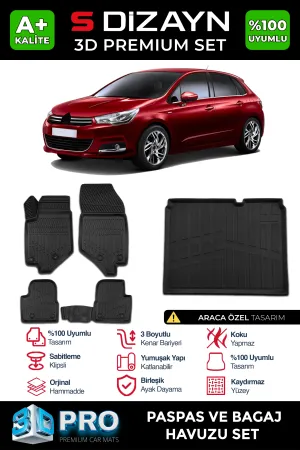 Citroen C4 2010-2018 (B7) uyumlu 3D Pro Havuzlu Paspas ve Bagaj Havuzu (2'li SET) 2010-2018 A+ Kalite modelleri DRS Tuning'de. Kaliteli malzeme, hızlı kargo ve