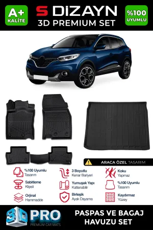 Renault Kadjar 2015-2022 (HA) uyumlu 3D Pro Havuzlu Paspas ve Bagaj Havuzu (2'li SET) 2015 Üzeri A+ Kalite modelleri DRS Tuning'de. Kaliteli malzeme, hızlı