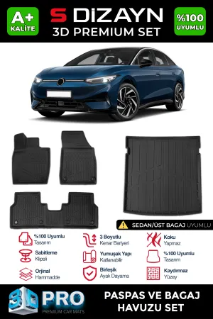 Volkswagen uyumlu VW ID7 D Pro Havuzlu Paspas ve Bagaj Havuzu (2'li SET) 2023 Üzeri A+ Kalite modelleri DRS Tuning'de. Kaliteli malzeme, hızlı kargo ve güvenli
