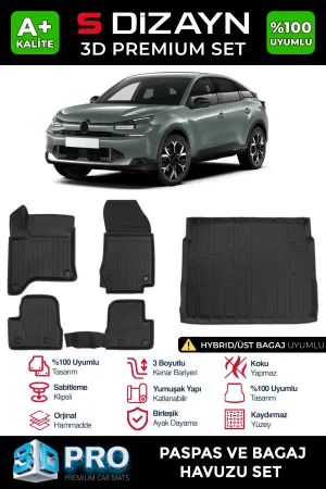 Citroen C4 / C4X 2022-Günümüz uyumlu C4 Hybrid 3D Pro Havuzlu Paspas ve Üst Bagaj Havuzu (2'li SET) 2025 Üzeri A+ Kalite modelleri DRS Tuning'de. Kaliteli