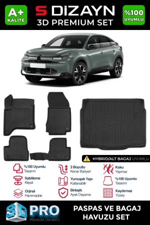 Citroen C4 / C4X 2022-Günümüz uyumlu C4 Hybrid 3D Pro Havuzlu Paspas ve Alt Bagaj Havuzu (2'li SET) 2025 Üzeri A+ Kalite modelleri DRS Tuning'de. Kaliteli