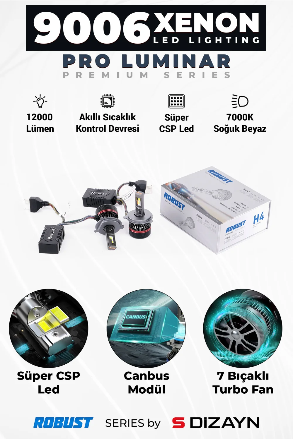S-Dizayn Pro Luminar Led Xenon 9006 / 60W / 12000LM / 7000K A+ Kalite