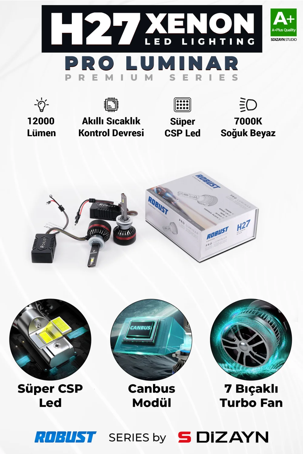 S-Dizayn Pro Luminar H27 Led Xenon / 60W / 12000LM / 7000K A+ Kalite