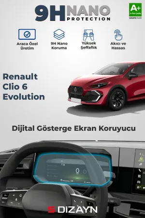 Renault Clio 2023-Günümüz (B7) uyumlu 6 Evolution 9H Nano Dijital Gösterge Ekran Koruyucu (PARLAK) 2026 Üzeri A+ Kalite modelleri Oto Aksesuar Shop'de.
