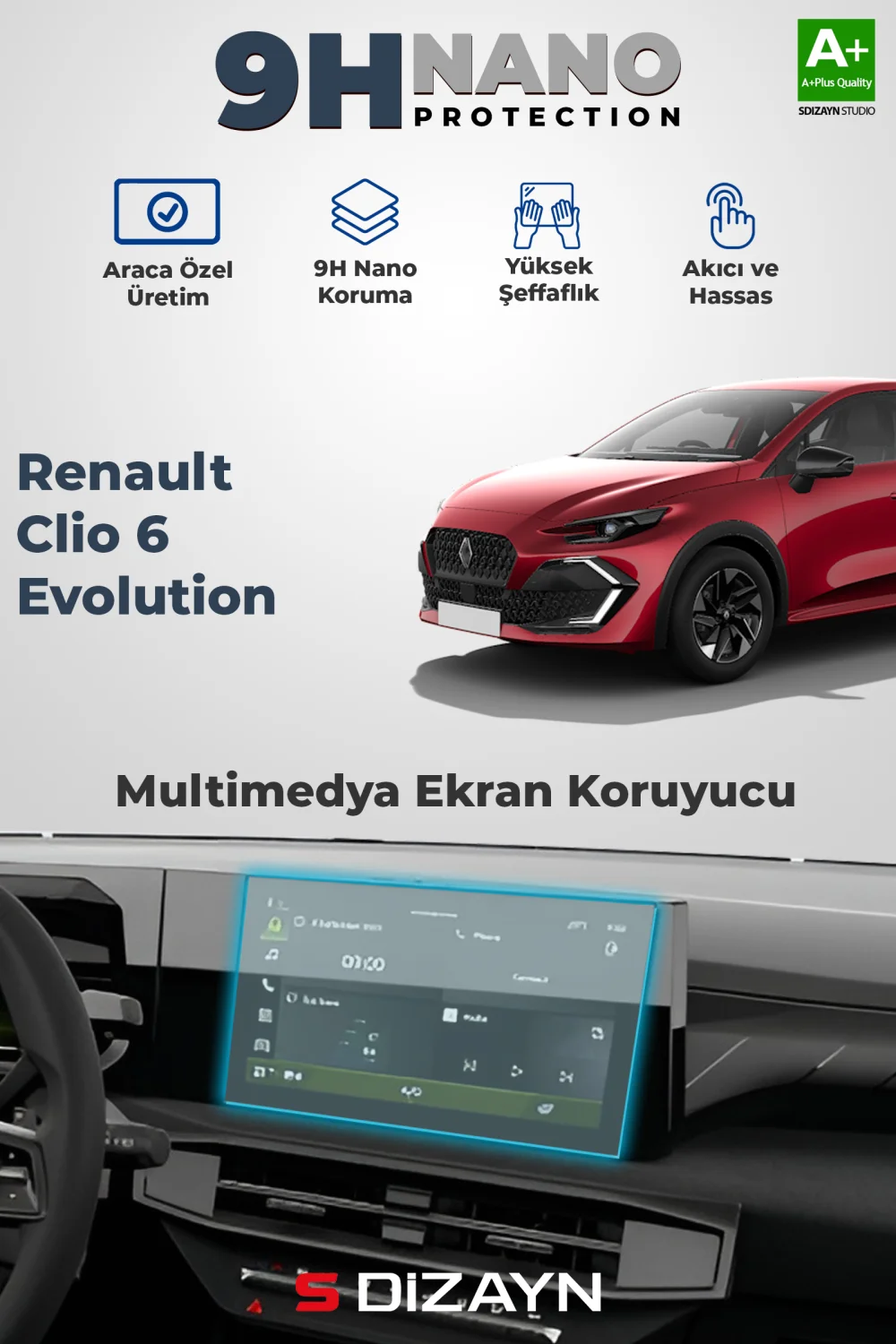 S-Dizayn Renault Clio 6 Evolution 9H Multimedya Ekran Koruyucu (PARLAK) 2026 Üzeri A+ Kalite