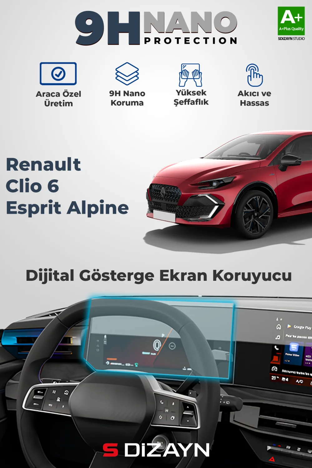 S-Dizayn Renault Clio 6 Esprit Alpine 9H Nano Dijital Gösterge Ekran Koruyucu (PARLAK) 2026 Üzeri A+ Kalite