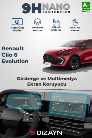 Renault Clio 2023-Günümüz (B7) uyumlu 6 Evolution 9H Gösterge ve Multimedya Ekran Koruyucu 2026 Üzeri A+ Kalite modelleri Oto Aksesuar Shop'de. Kaliteli